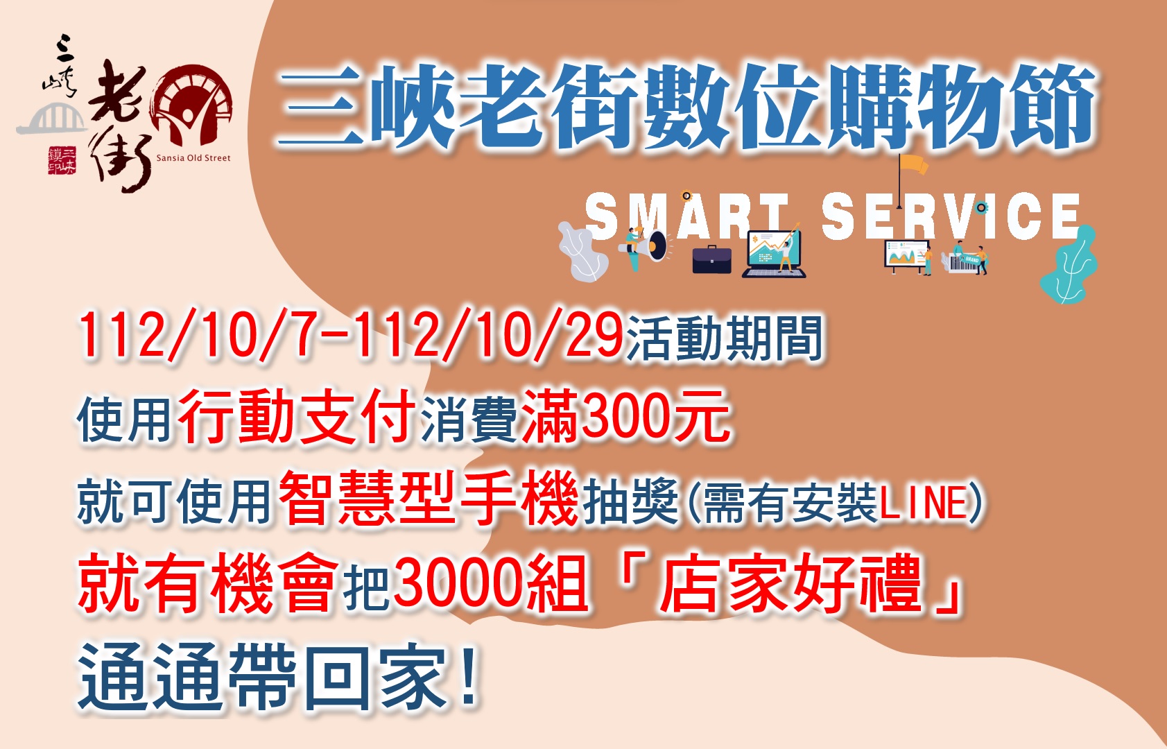 【協會公告】三峽老街數位購物節，自10/7-10/29至「活動特約店家」消費，即可立即用手機參加「數位抽獎」喔！3000份獎品等你帶回家！
