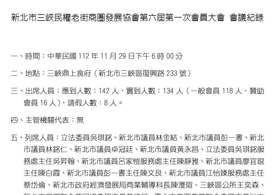 【協會公告】新北市三峽民權老街商圈發展協會  第六屆第一次會員大會 會議記錄